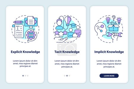 Illustration for 2D linear icons representing knowledge management mobile app screen set. 3 steps graphic instructions, UI, UX, GUI template. - Royalty Free Image