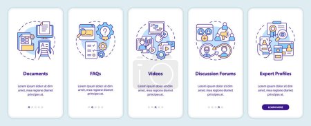 Ilustración de Iconos lineales multicolor 2D que representan el conjunto de pantalla de la aplicación móvil de gestión del conocimiento. 5 pasos instrucciones gráficas, UI, UX, plantilla GUI. - Imagen libre de derechos