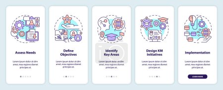 Illustration for 2D line icons representing knowledge management mobile app screen set. 5 steps graphic instructions, UI, UX, GUI template. - Royalty Free Image