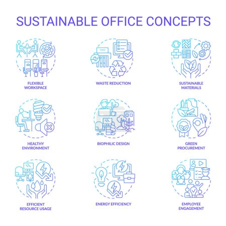 Ilustración de Conjunto de iconos de gradiente 2D que representan conceptos de oficina sostenibles, vector aislado, ilustración colorida de línea delgada. - Imagen libre de derechos