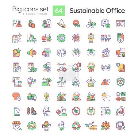 2D editable big line icons set representing sustainable office, isolated vector, linear illustration.