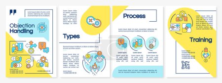Illustration for Objection handling blue and yellow brochure template. Successful deal. Leaflet design with linear icons. Editable 4 vector layouts for presentation, annual reports. Questrial, Lato-Regular fonts used - Royalty Free Image