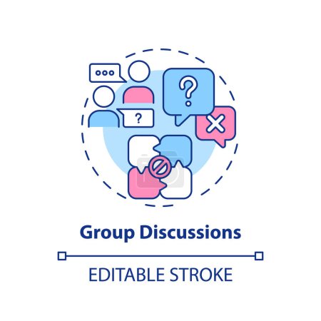 Illustration for Group discussions multi color concept icon. Share experience. Exchange ideas. Knowledge sharing. Collaboration learning. Round shape line illustration. Abstract idea. Graphic design. Easy to use - Royalty Free Image