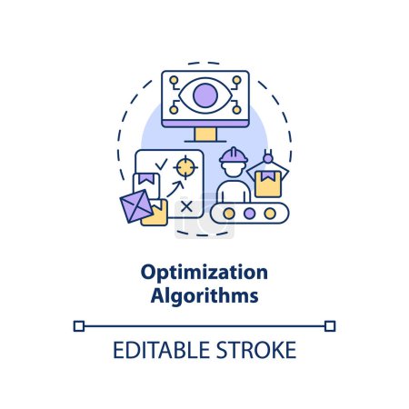 Ilustración de Algoritmos de optimización editable 2D concepto de icono de línea delgada, vector aislado, ilustración multicolor que representa la sobreproducción. - Imagen libre de derechos