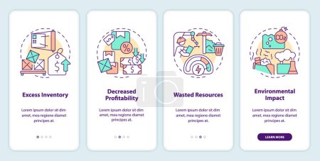 Illustration for 2D multicolor linear icons representing overproduction mobile app screen set. 4 steps graphic instructions, UI, UX, GUI template. - Royalty Free Image