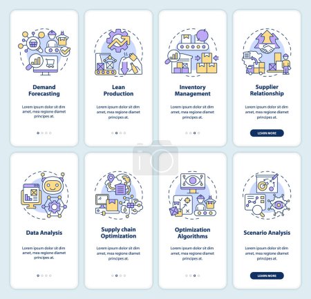 Illustration for 2D icons representing overproduction mobile app screen set. Walkthrough 4 steps colorful graphic instructions with thin line icons concept, UI, UX, GUI template. - Royalty Free Image