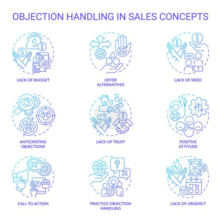 Objection handling in sales blue gradient concept icons. Negotiation strategy. Closing deal. Selling process. Sales technique. Icon pack. Vector images. Round shape illustrations. Abstract idea