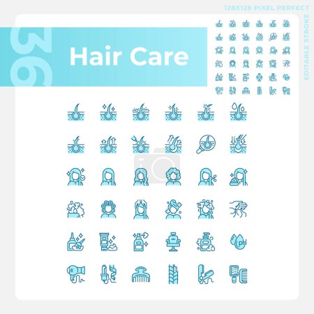 Illustration for Pixel perfect blue icons collection representing haircare, editable thin line monochromatic illustration. - Royalty Free Image