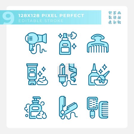 Illustration for 2D pixel perfect collection of icons representing haircare, editable blue thin line monochromatic illustration. - Royalty Free Image