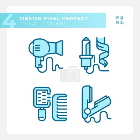 Illustration for Pixel perfect blue thin linear icons pack representing haircare, editable monochromatic illustration. - Royalty Free Image