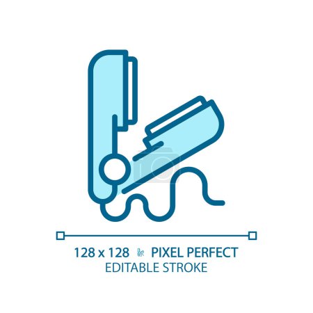 Illustration for 2D pixel perfect editable hair straightener blue icon, isolated vector, haircare thin line simple monochromatic illustration. - Royalty Free Image