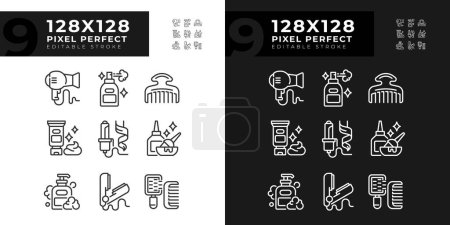 Illustration for 2D pixel perfect collection of icons representing haircare, editable dark and light thin line illustration. - Royalty Free Image