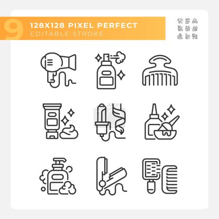 Illustration for 2D pixel perfect collection of icons representing haircare, customizable black thin line illustration. - Royalty Free Image