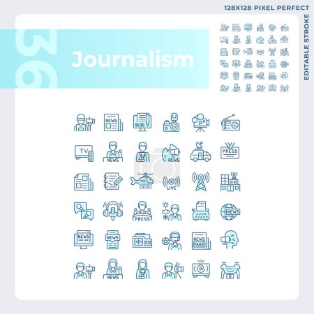 Illustration for Pixel perfect blue icons set representing journalism, editable thin line illustration. - Royalty Free Image