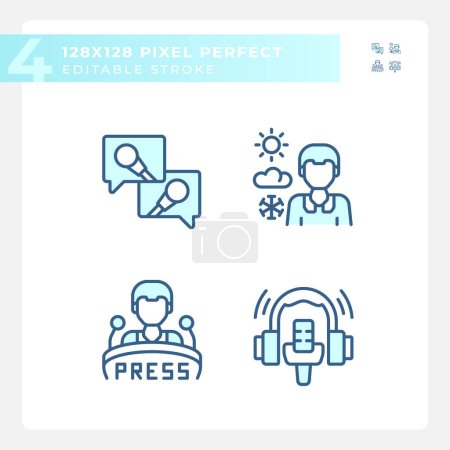 Illustration for 2D pixel perfect blue icons set representing journalism, editable thin linear illustration. - Royalty Free Image
