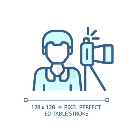 Illustration for 2D pixel perfect editable blue photojournalist icon, isolated vector, thin line illustration representing journalism. - Royalty Free Image