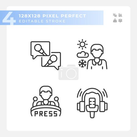 Illustration for 2D pixel perfect black icons set representing journalism, editable thin linear illustration. - Royalty Free Image