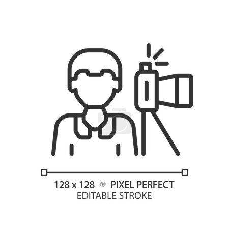 Illustration for 2D pixel perfect editable black photojournalist icon, isolated vector, thin line illustration representing journalism. - Royalty Free Image
