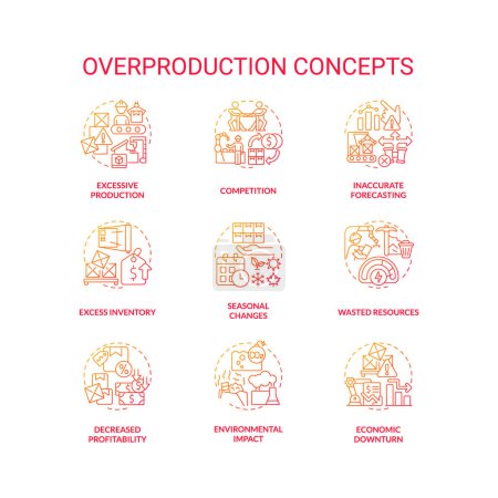 Ilustración de Conjunto de iconos de gradiente 2D que representan conceptos de sobreproducción, vector aislado, ilustración de línea delgada. - Imagen libre de derechos