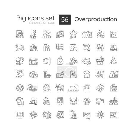 Ilustración de 2D editable gran conjunto de iconos de línea delgada que representa la sobreproducción, vector aislado, ilustración lineal negro. - Imagen libre de derechos