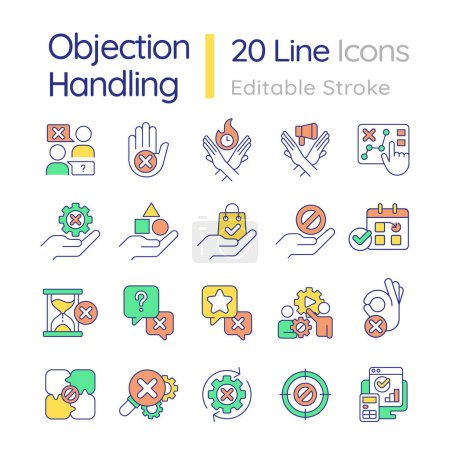 Illustration for Objection handling RGB color icons set. Negotiation strategy. Sales technique. Selling process. Isolated vector illustrations. Simple filled line drawings collection. Editable stroke - Royalty Free Image