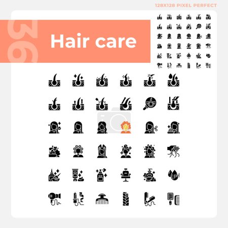 Illustration for Pixel perfect glyph style icons collection representing haircare, simple black silhouette illustration. - Royalty Free Image