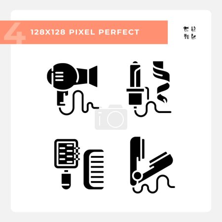 Illustration for Pixel perfect glyph style icons pack representing haircare, simple black silhouette illustration. - Royalty Free Image