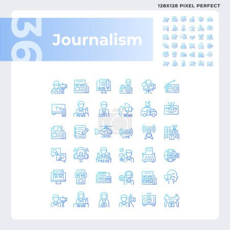 Illustration for Pixel perfect gradient icons set representing journalism, thin line blue illustration - Royalty Free Image