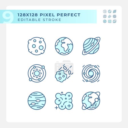 Illustration for Celestial bodies pixel perfect light blue icons. Outer space. Planetary science. Astrology education. RGB color. Website icons set. Simple design element. Contour drawing. Line illustration - Royalty Free Image