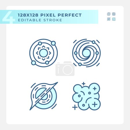 Illustration for Outer space pixel perfect light blue icons. Cosmic phenomena. Celestial bodies. Astronomical discoveries. RGB color. Website icons set. Simple design element. Contour drawing. Line illustration - Royalty Free Image
