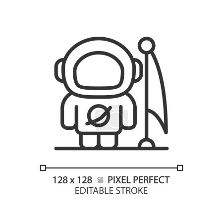 Illustration for Man on moon pixel perfect linear icon. Lunar landing. Astronaut suit. Space achievement. Apollo 11. First step. Thin line illustration. Contour symbol. Vector outline drawing. Editable stroke - Royalty Free Image