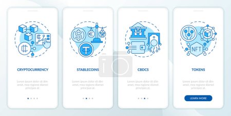 Illustration for 2D icons representing digital currency mobile app screen set. Walkthrough 4 steps blue graphic instructions with thin linear icons concept, UI, UX, GUI template. - Royalty Free Image