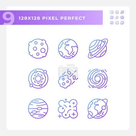 Illustration for Celestial bodies pixel perfect gradient linear vector icons set. Outer space. Planetary science. Astrology education. Thin line contour symbol designs bundle. Isolated outline illustrations collection - Royalty Free Image