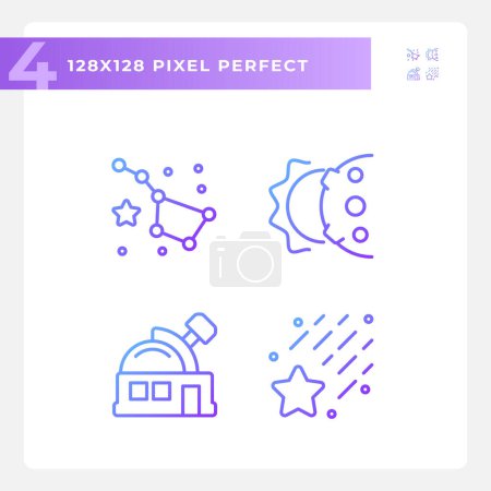Illustration for Astronomy science pixel perfect gradient linear vector icons set. Space telescope. Celestial bodies. Solar system. Thin line contour symbol designs bundle. Isolated outline illustrations collection - Royalty Free Image