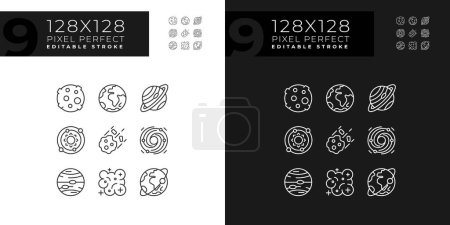 Illustration for Celestial bodies pixel perfect linear icons set for dark, light mode. Outer space. Astrology education. Thin line symbols for night, day theme. Isolated illustrations. Editable stroke - Royalty Free Image