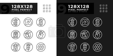 Pixel icônes sombres et claires parfaites représentant sans allergène, ligne mince modifiable illustration ensemble.