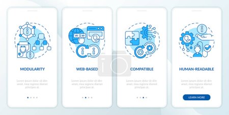 Illustration for 2D icons representing health interoperability resources mobile app screen set. Walkthrough 4 steps blue graphic instructions with thin line icons concept, UI, UX, GUI template. - Royalty Free Image
