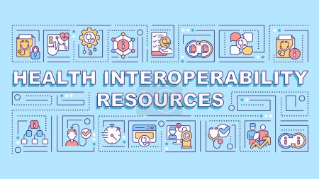 Health interoperability resources text with various thin line icons concept on blue monochromatic background, editable 2D vector illustration.