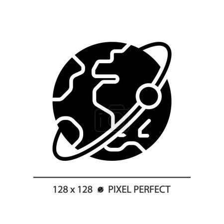 Illustration for Orbit pixel perfect black glyph icon. Satellite tracking. Planetary motion. Earth planet. Solar system. Globe world. Silhouette symbol on white space. Solid pictogram. Vector isolated illustration - Royalty Free Image