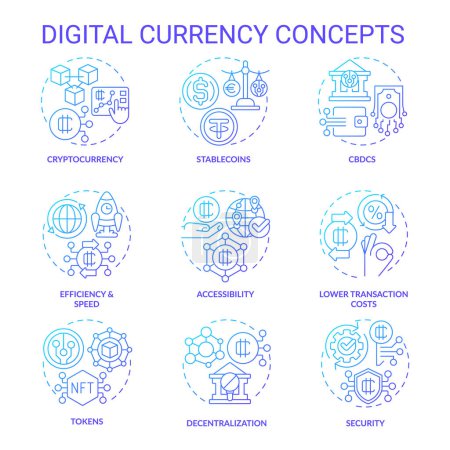 Illustration for 2D gradient icons set representing digital currency concepts, isolated vector, gradient thin line colorful illustration. - Royalty Free Image