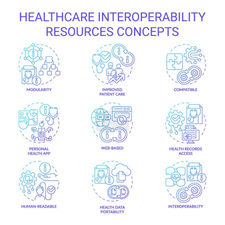 Colección de iconos de línea delgada azul degradado que representan recursos de interoperabilidad sanitaria, vector aislado, ilustración lineal.