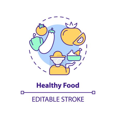 Healthy food multi color concept icon. Eating habit. Locally grown. Organic farming. Sustainable agriculture. Farmer market. Round shape line illustration. Abstract idea. Graphic design. Easy to use