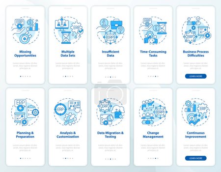 Illustration for 2D icons representing enterprise resource planning mobile app screen set. Walkthrough 5 steps graphic instructions with thin line icons concept, UI, UX, GUI template. - Royalty Free Image