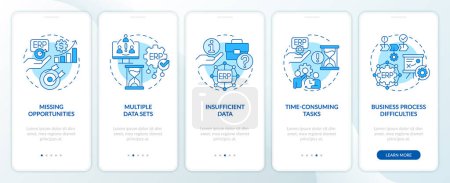 Illustration for 2D icons representing enterprise resource planning mobile app screen set. Walkthrough 5 steps blue graphic instructions with thin line icons concept, UI, UX, GUI template. - Royalty Free Image