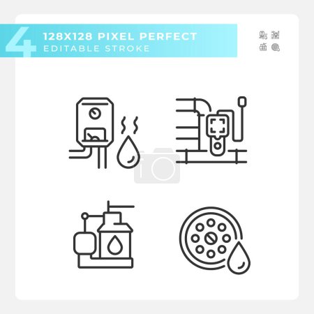 Téléchargez les illustrations : Pixel ensemble parfait d'icônes noires représentant la plomberie, illustration de ligne mince modifiable. - en licence libre de droit