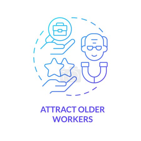 Ilustración de Gradiente 2D atraer a los trabajadores mayores concepto de icono de línea delgada, vector aislado, ilustración azul que representa la no jubilación. - Imagen libre de derechos