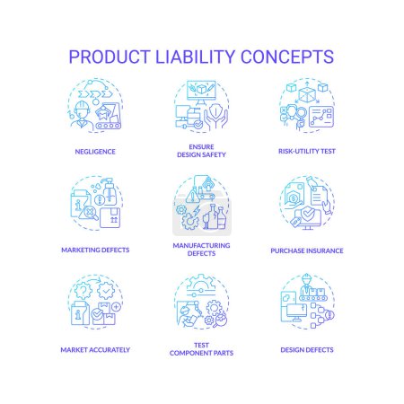 Ilustración de Conjunto de iconos de gradiente 2D que representan conceptos de responsabilidad del producto, vector aislado, ilustración azul de línea delgada. - Imagen libre de derechos