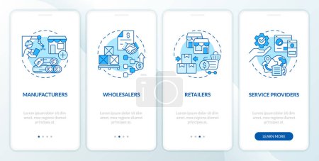 Illustration for 2D icons representing vendor management mobile app screen set. Walkthrough 4 steps blue graphic instructions with thin line icons concept, UI, UX, GUI template. - Royalty Free Image