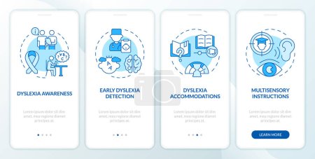 Illustration for 2D blue icons representing sustainable fashion mobile app screen set. Walkthrough 4 steps graphic instructions with line icons concept, UI, UX, GUI template. - Royalty Free Image