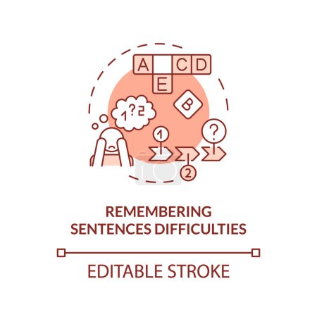 Illustration for 2D editable red icon remembering sentence difficulties concept, simple isolated vector, dyslexia thin line illustration. - Royalty Free Image